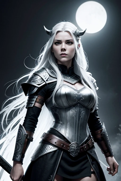 female viking warrior queen, slim fine face, white hair, epic lighting, black and white, comic book style, vector, lineart, no background, 