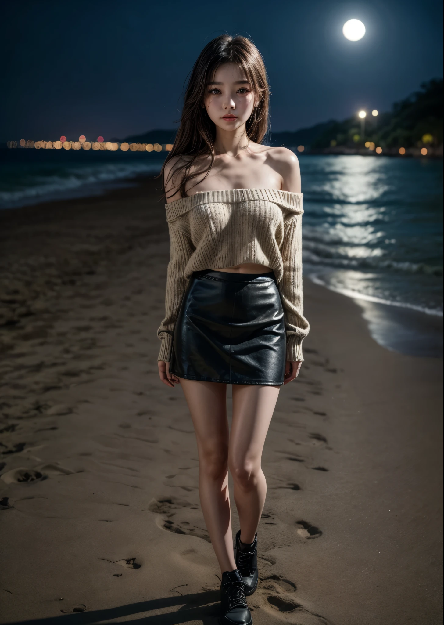 best qualtiy, tmasterpiece, A high resolution,8K,(realisticlying:1.4),超A high resolution,1girll,(Ultra-realistic skin maps), ultra - detailed, hyper realisitc, highly detailed CGillustration, offcial art, cinematric light, Realistis, Young and beautiful girl, perfect body figure, perfect body figure, full pov, Perfect body,Enjoy the expressions,(Starting below:1.3), lewd poses, long sexy legs, self-assured, Beautiful Sexy, (Lace transparent short sleeves,cropped shoulders), Open abdomen, (View transparent panties 1:1.3),((skirt lift by yourself)), (Skirt lift), Panties , panty focus, Blush, Split lips, view the viewer , Half-body shooting , Wear a wool coat ,(Night view of the water world),Heavy snow fell,The ground is covered with snow,