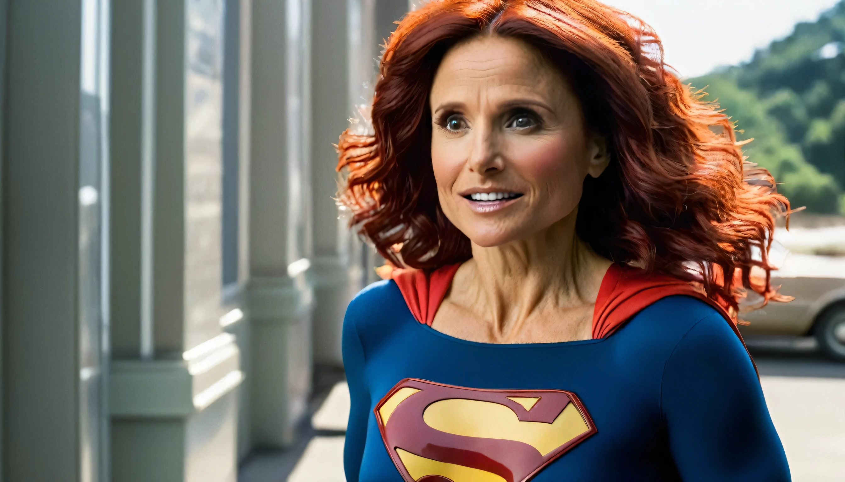 Julia Louis-Dreyfus (Red hair Medical doctor, correndo pela rua e se transformando em Superwoman (((cena do filme Superman 1978)))