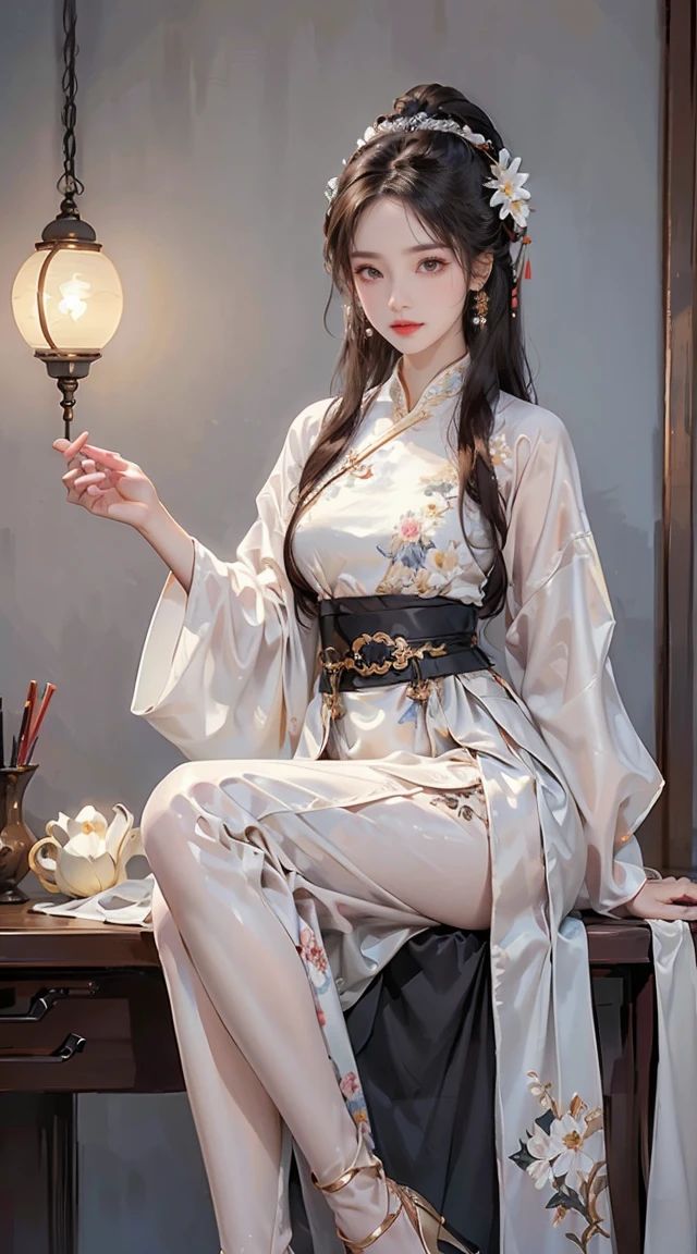 ((whole body)), ((from the side)), ((Practical)), 1 Asian female model, A young girl, (in the room, Sitting, Cross your legs, Leaning against the dresser), Pleasant posture, Striking pose, Really long legs, Detailed scenario, curls, hairpin, Beautiful hair accessories, Brown hair, Light makeup, blush blush, lip gloss, ((White flower hanfu, Hanfu, No breast leakage, High waist, Beautiful belt, High heel)), ((Warm lamps, Warm colors)), (Very high color saturation), Detailed details, Super detailed, (masterpiece, Best quality), (Extremely exquisite and beautiful work), elaborate earrings, Exquisite necklace, Simple blurred background, Extremely detailed description, Super Fine, Delicate face, slim body, Thin waist, (Grin, happy Grin, Show your teeth), (Anatomically correct)