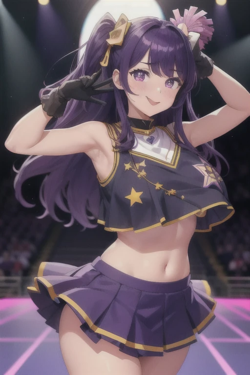 girl, full body, cowboy shot, (Rembrandt), illustration, (masterpiece), (best quality), (ultra_detailed), finely detail, (Depth of field), HshinoAi, idol, gloves, tongue out, tongue, long hair, star \(symbol\), looking at viewer, (purple hair:1.2), purple eyes, upper body, hair ornament, :p, idol, symbol-shaped pupils, hands up,hands in the air, jumping, cheerleader, cheerleader outfit, mini skirt, exposed midriff, underboob, bouncing breasts, collar,blushing,sweating, (breathing hard), (panting), anime, farm, smile, huge ass, huge breasts, huge thighs, narrow waist, wide hips, thick thighs, curvy, bangs, one side up, star-shaped pupils, on stage,