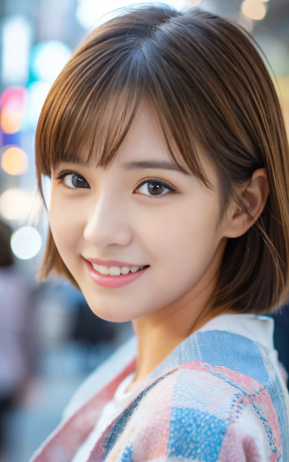 Cute 21 year old Japanese、city、shopping、Super detailed face、Pay attention to the details、double eyelid、Beautiful thin nose、Sharp focus:1.2、Beautiful woman:1.4、(Light brown hair,short hair、),Pure white skin、highest quality、masterpiece、Ultra-high resolution、(Photorealistic:1.4)、Highly detailed and professional lighting、nice smile、Please show me your whole body、Cute Spring Clothes、
