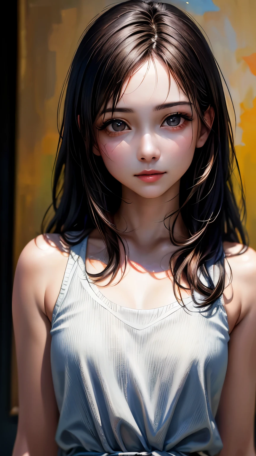 (highest quality、8k、32k、masterpiece)、(Realistic)、(Realistic:1.2)、(High resolution)、Very detailed、Very beautiful face and eyes、1 girl、Round and small face、Tight waist、Delicate body、(highest quality、Attention to detail、Rich skin detail)、(highest quality、8k、Oil paint:1.2)、Very detailed、(Realistic、Realistic:1.37)、Bright colors