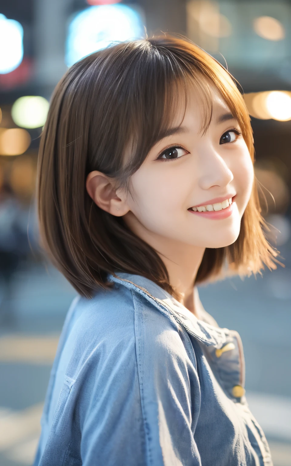 Cute 21 year old Japanese、city、shopping、Super detailed face、Pay attention to the details、double eyelid、Beautiful thin nose、Sharp focus:1.2、Beautiful woman:1.4、(Light brown hair,short hair、),Pure white skin、highest quality、masterpiece、Ultra-high resolution、(Photorealistic:1.4)、Highly detailed and professional lighting、nice smile、Please show me your whole body、Cute Spring Clothes、