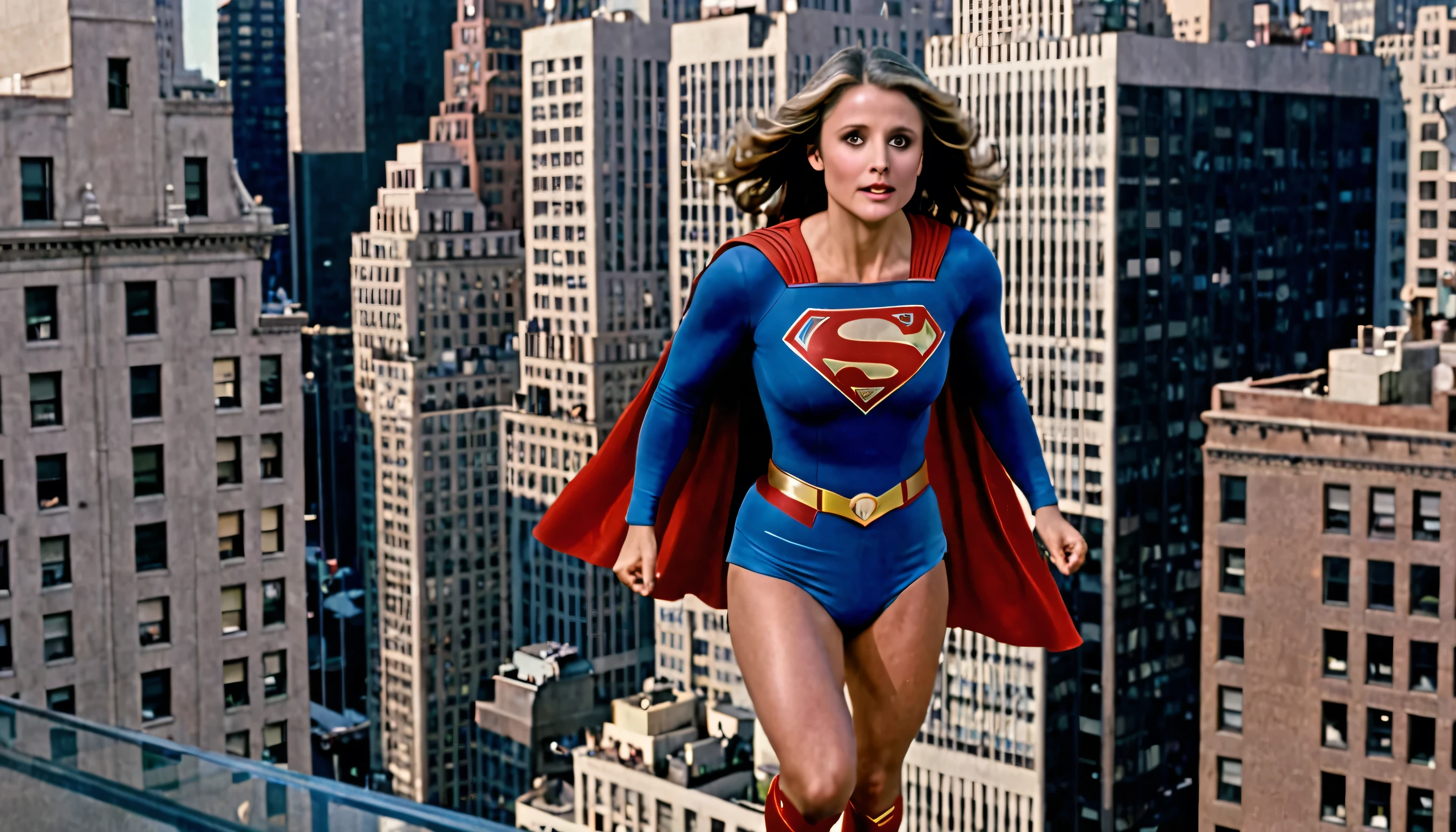 New York City; best possible quality; 1 mulher correndo pela rua; Foto tirada |do outro lado da rua , de baixo para cima por Paparazzi, Julia Louis-Dreyfus(cabelos negros) 1984 Supergirl (((Filme Supergirl 1984))) correndo rapidamente pela rua, view from distance (((Photo taken from a building window))), perto da cloudelhor qualidade,4k,8k,alto,master part:1.2) (((Filme Supergirl 1984)))suspenso no ar, corpo inteiro, Close-up, de baixo.