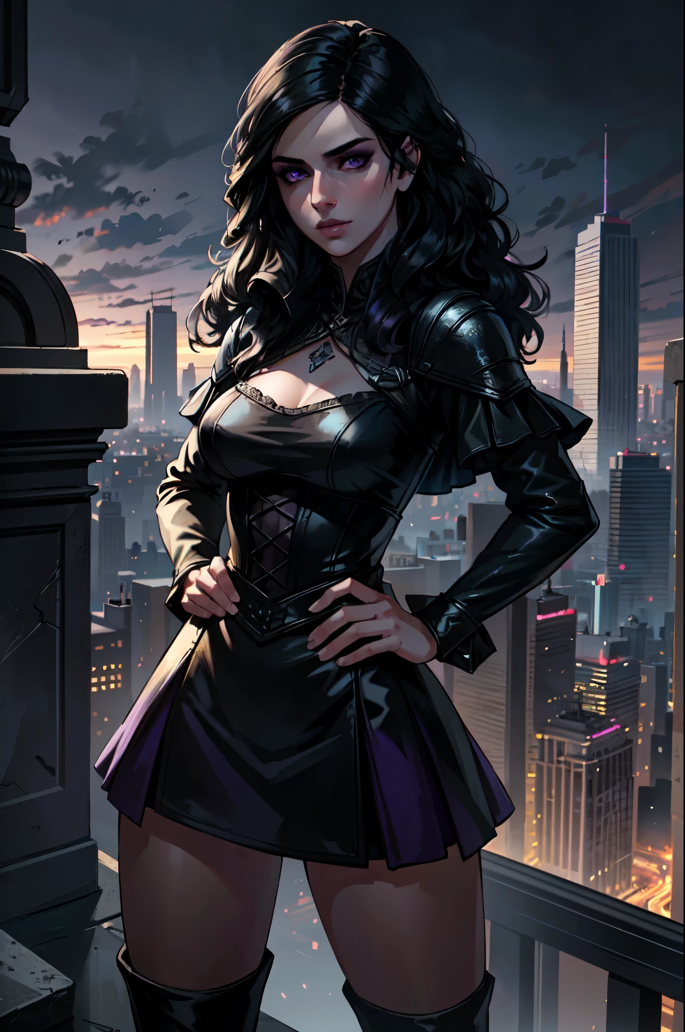 ((ultra detailed, masterpiece, best quality))
 W3Yennefer, 1girl, solo, purple eyes, dress, overlooking a cityscape at night from a skyscraper, short dress, standing with hands on hips