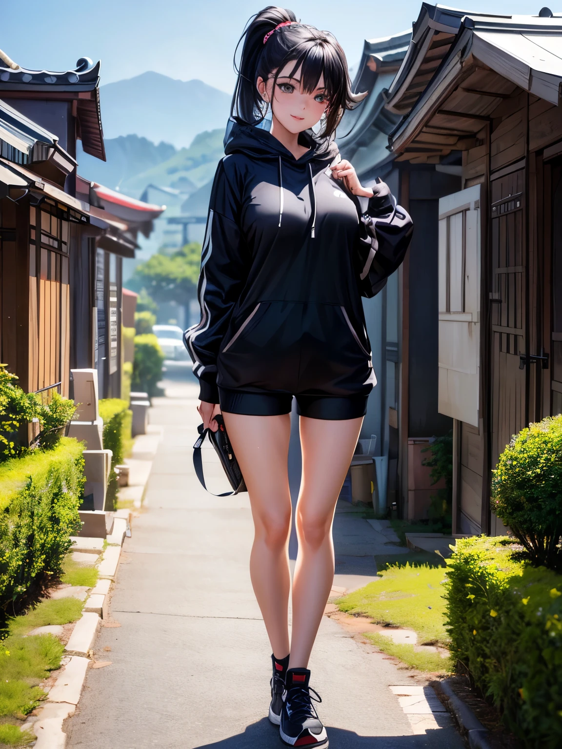 ((best quality)), ((masterpiece)), (detailed), perfect face,(18 years old),(beautiful girl), ponytail,(blackes Braun hair), cute smile (looking at vivers) on a streat road,( full body view),(detailed lips), perfect head ,(detailed face), wers a white hoodi black Stiles short pant that reaches nee, heads in hoodi pocket,(huge breasts),(perfect girl), Korean girl 