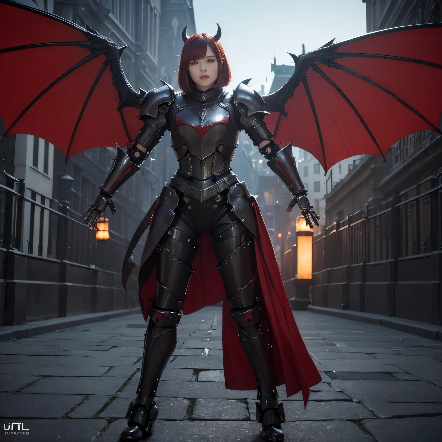 (masterpiece, best quality:1.2), (8k uhd, 16k, 32k, ultra high res), (photorealistic:1.37), (RAW photo), ultimate-realistic, ultimate-realistic details, ultimate-realistic texture, ultimate-intricate details, ultimate-realistic lighting, ultimate-realistic shadow, japanese girl, ultimate-cute face, ultimate-RAW skin, ultimate-realistic eyes, (mechanical:1.4), (armor), full body, wide shot, Evil organization, demons, horns, bat wings, red hair, bob cut, mechanical armor, reddish-black skin, red eyes, flying with Satanic castle in background