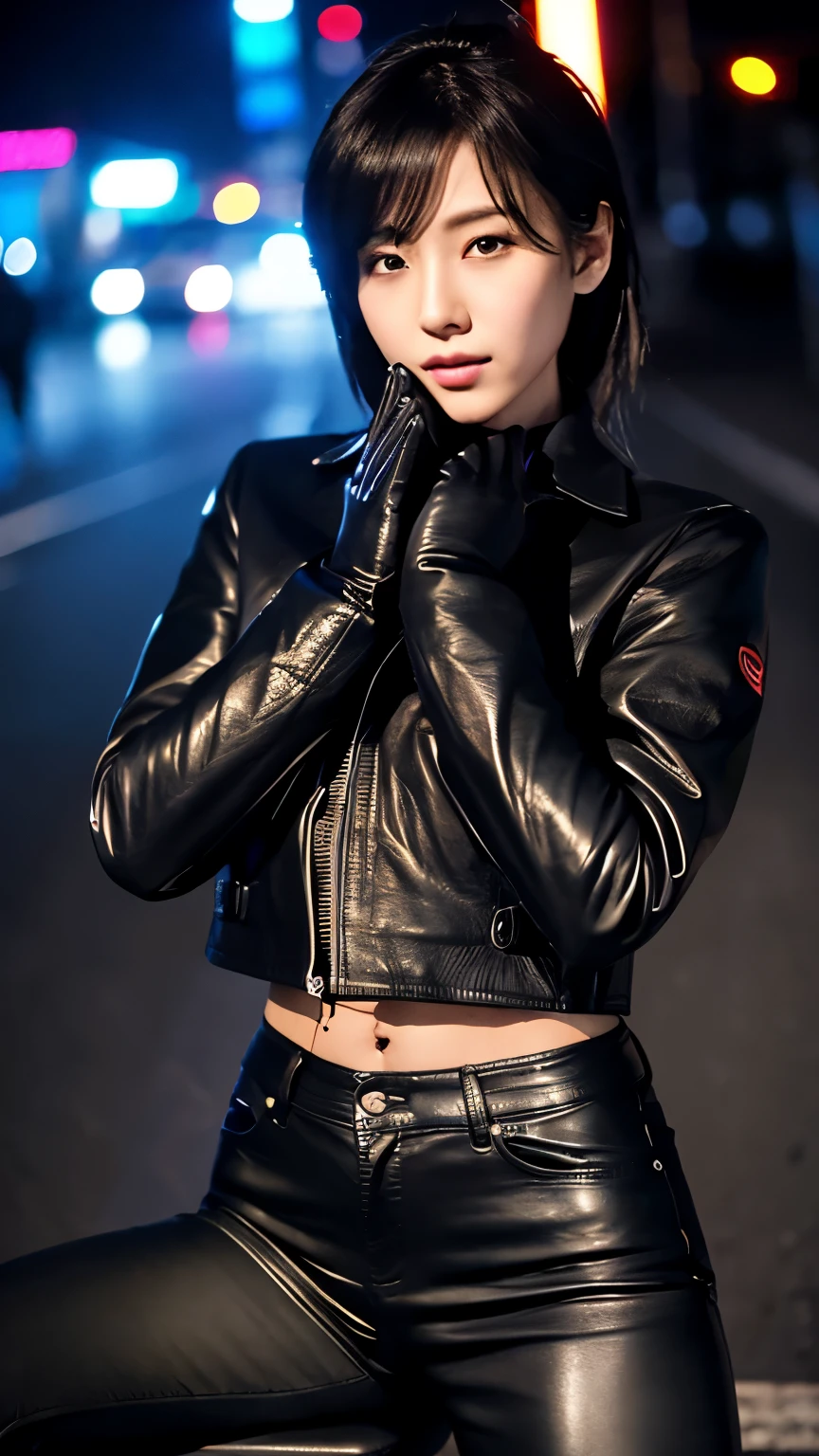 black leather rider jacket, Office in the Dark, Black leather gloved fingertips on both hands,Wearing black leather gloves,Sitting in a black leather chair、 Japanese female new recruits (Black leather gloves cover both hands) (The angle is horizontal)、Black Leather Pants,Black Leather Black Leather Pants,Black Leather Skinny Pants、Long black leather boots on both feet、Black hair ponytail ((He wears black leather gloves on his hands))Full Body Photo,full body shot full body full body leather suit,☺If you turn in this direction。Wearing black leather gloves,Wearing black leather gloves,Wearing black leather gloves,Wearing black leather gloves,Wearing black leather gloves,Wearing black leather gloves,黒のレザーパンツが美しい😍黒のレザーパンツが美しい😍黒のレザーパンツが美しい,😍Smiling while looking at me,City lights、((Neon Cyberpunk City Street:1.3))、(Neon Light)、Detailed lighting、
Best image quality、Ultra-high resolution、(realism:1.4)、Korean Beauty Star、The most beautiful KPOP stars、face、Horny Korean Makeup、A body that makes you want to touch it、Realistic leather texture、Costume made of smooth leather fabric、The drape of the curved parts of the leather fabric、The costume is very shiny、Quality of the costume、8K Photo Quality
