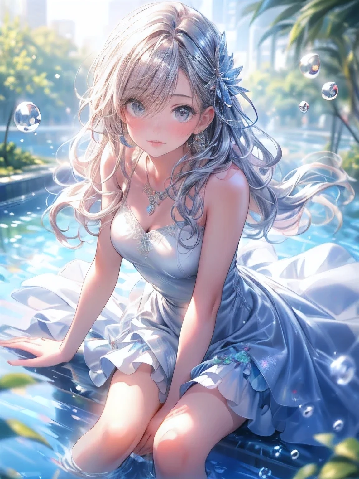 masterpiece:1.2, highest quality, 16k, highres, ultra-realistic, photorealistic:1.37, beautiful detailed:1.2, cute girl, playing in the park, fountain(with rainbow appears, high spray of water, misty water, popping water droplets, splashing water), beautiful delicate artistic avant-garde revealing summer dress, gently smile, beautiful delicate(hair, face, long eyelash, eyes, pupils, lips, knee, anklet, dress), sparkling eyes, shining rosy lips, blushed cheek, through bangs,