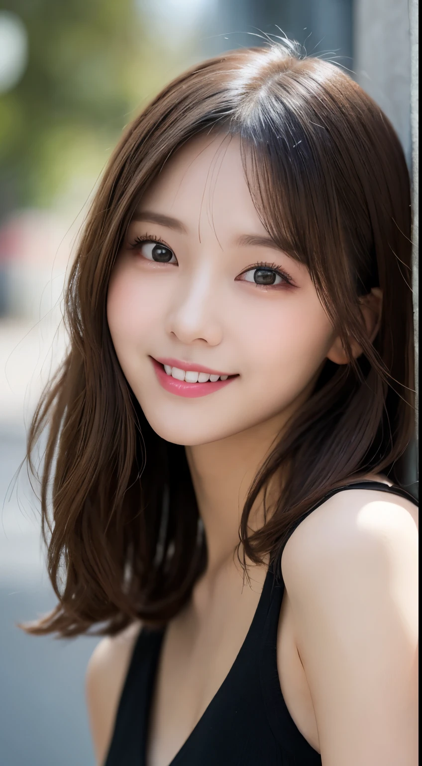 Tabletop, highest quality, shape, Very detailed, finely, High resolution, 8k wallpaper, 完璧なダイナミックな構shape, Beautiful and detailed,ランダムなcute髪,,Natural color lip, Bold sexy pose,smile、20-year-old girl、cute、Looking at the camera,Always blur the background,Perfect and beautiful face,Slim face and figure,Big eyes、Putting on gal makeup,Small face,Shooting from below、smile,Blurred Background,Elegant feminine face、Cyberpunk Fashion、Smile