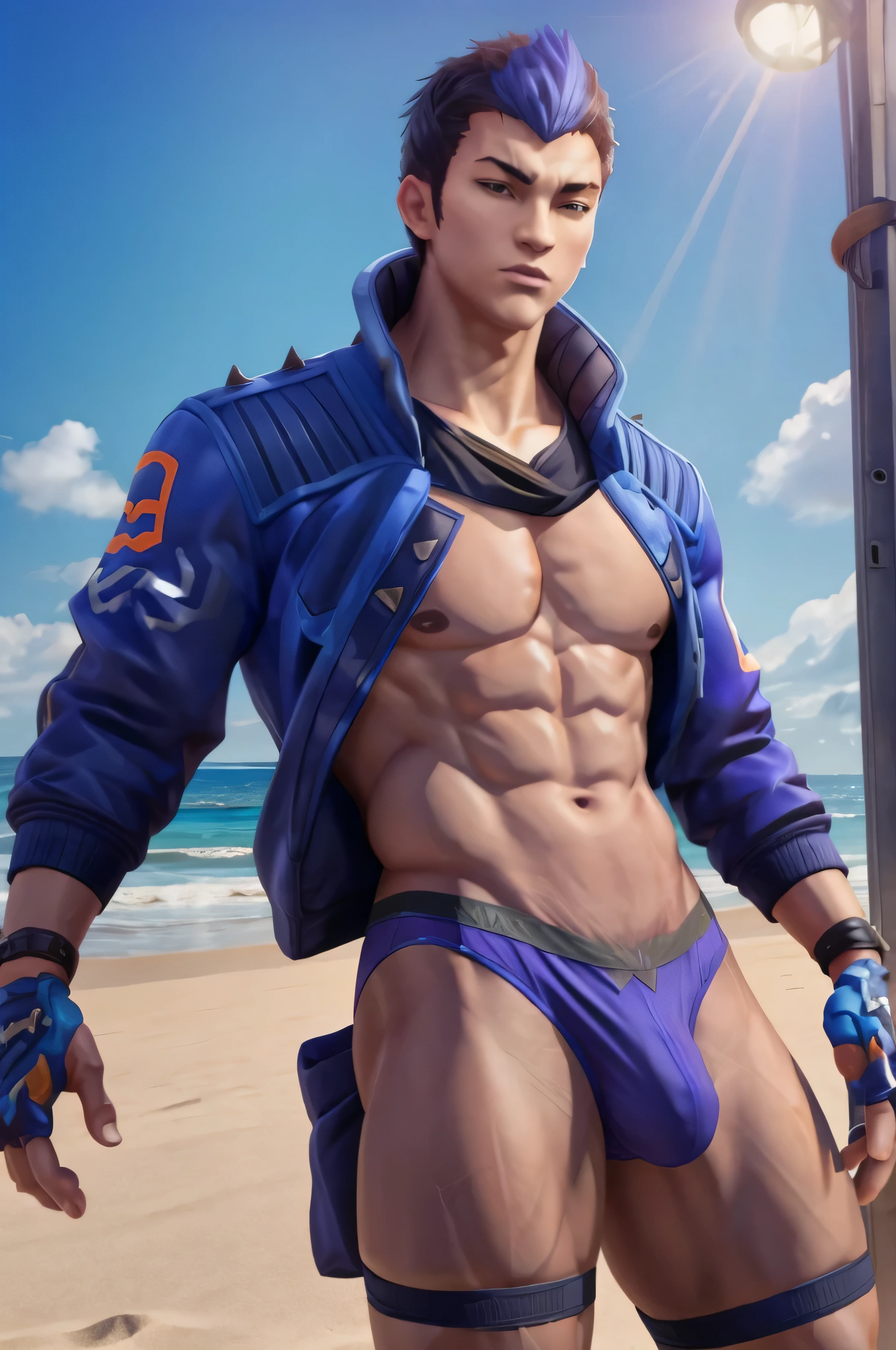 yoru valorant, bulge, hand inside underwear, beach background, calvin klein underwear