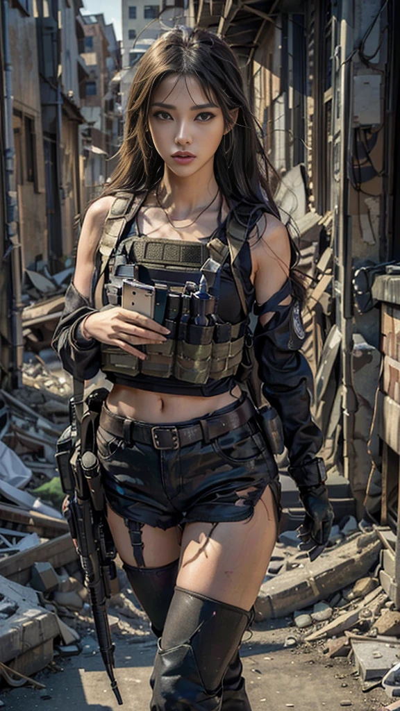 (Realistic photos:1.3, 16k, highest quality, masterpiece, Ultra-high resolution), Perfect dynamic composition:1.2, Very detailedな肌と顔の質感:1.2, Professional camera work:1.1, Dynamic pose, Very detailed, Beautiful Japanese women serving in the US military, Incredibly slim body, Fair skin, Sexy beauty, Very beautiful face, Stern expression, (Automatic rifle, Bulletproof vest, Backpack, boots), Shapely breasts, Chest gap, (Covered in scars:1.0, Big eyes that exude beautiful eroticism, Lips that exude beautiful eroticism), Cowboy Shot, necklace, Earrings, bracelet, (war, ruins, Outside a rundown building in a back alley, Operation End, Car buried in rubble, Innovative Configuration)
