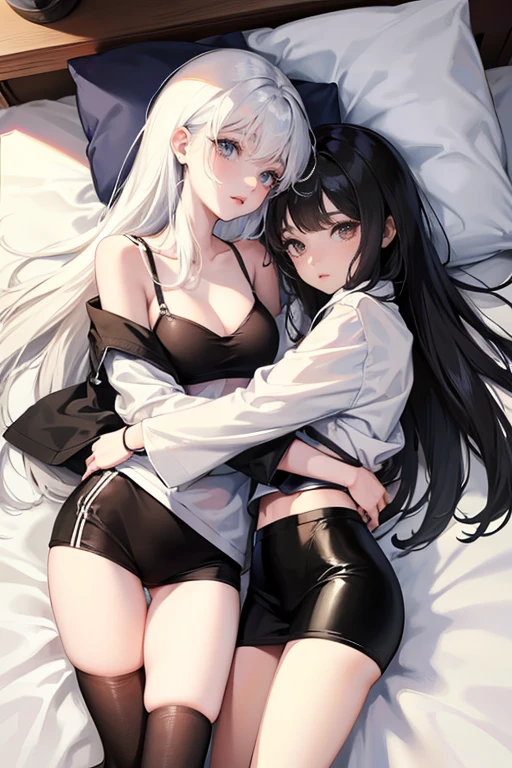 2girl,cute black hair girl and cool white hair girl,under wear,on the bed,hug