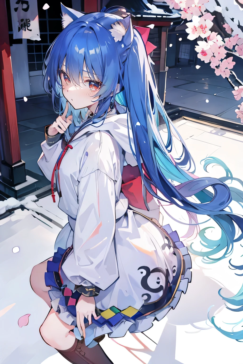 （masterpiece：1.2），Super detailed，lifelike，Expressive eyes，fair skin，perfect face shape，1 girl，
Japanese comics,Gorgeous blue hair,flowing blue hair,flowing clothes,Cat ears,Petals fall,beautiful lola,Baby Angel,
Shaking head with one hand，Cross your legs，Gentle and peaceful background，The pavilion is cool and comfortable,smile, wearing hoodie, background of tokyo,back views,snowing, winter.