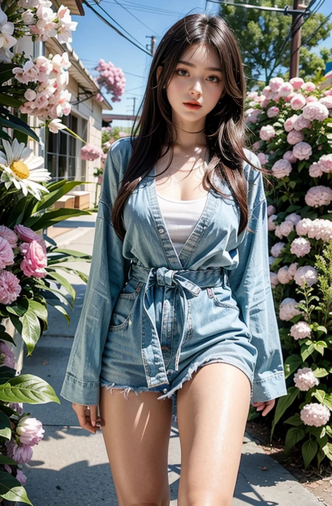 Sweet woman'pearl necklace,Blue clothes,Reveals a pink bikini,,Flowers,Reality,high resolution,A woman,Unique,(Delicate face),Black头发,Brown eyes,beauty,cleveage,Black,(Best Illustration:1.1),(Best shadow:1.1),表达glow的皮肤。Put your hands behind your head,Practical、(Reality主义:1.37)、(Korean pop idol)、Beautiful hairstyle、Long hair、(Pink red glow)、(glow)、(Solitary)、Dynamic、(Slender legs)、North African Trade Zone、Very detailed content的环境阻塞、超high resolution、Surreal、Very detailed content,Blue clothes,huge ,Standing