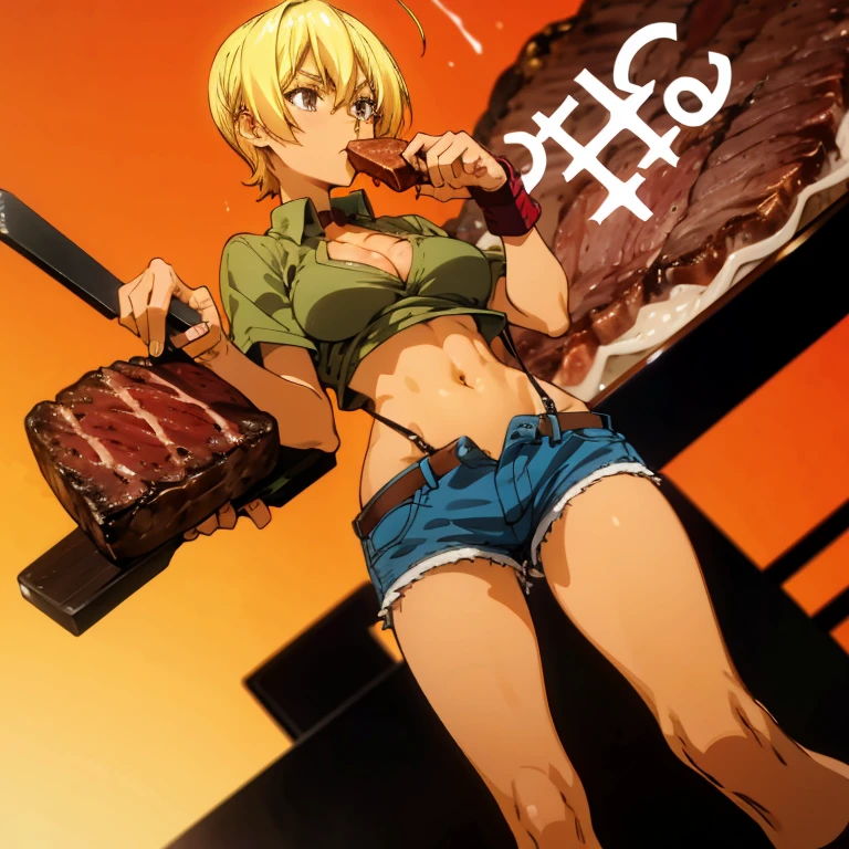 Blonde girl eating steak at steakhouse Wearing sneakers High leg shorts with suspenders Large Breasts Showing her belly button Ultra low rise Knee-high socks No underwear Belt on chest
