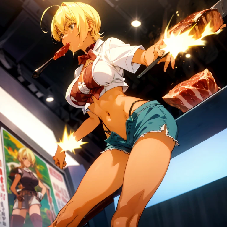 Blonde girl eating steak at steakhouse Wearing sneakers High leg shorts with suspenders Large Breasts Showing her belly button Ultra low rise Knee-high socks No underwear Belt on chest