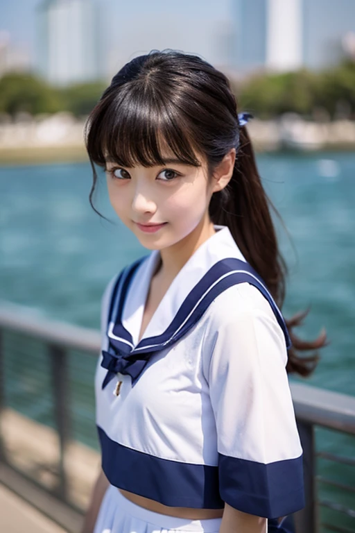  Girls　Japanese　Realistic　10 generations　　Background Blur、Sailor suit、blue sky、skip