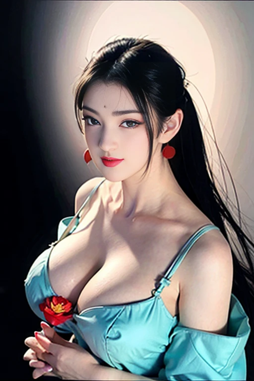 (large round breasts: 1.6), very delicate and beautiful, masterpiece, highest quality, ultra high resolution, 16k, photorealistic, ultra detail, narrow eyes, 1 girl, all white, forehead, black hair , solo, ((very voluptuous glamor)), narrow slit eyes, dark eyes, sparkling eyes, black hair, gloves, dress, luxurious jewelry, earrings, piercing eyes, elbow grooves, hair tied back with hands raised, transparent Demi - cup off-shoulder bra in random colors, transparent short dress in random colors, long eye makeup, narrow eyes, smile, lipstick, complex petal pattern, rim light, backlight, pastel color, studio lighting.