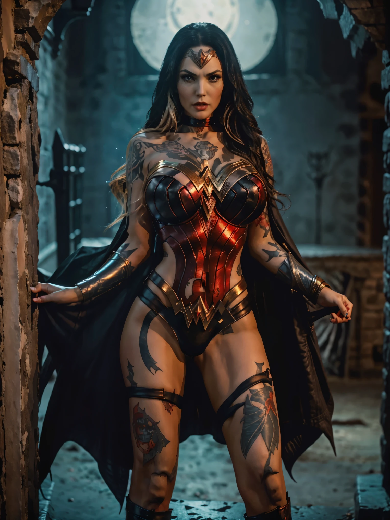 wonder woman , bimbostyle with big tits}, flaming eyes, full body tattooed {incandescent red tribal}, outside in a black castle ((vampire version, dark and horror aspect))