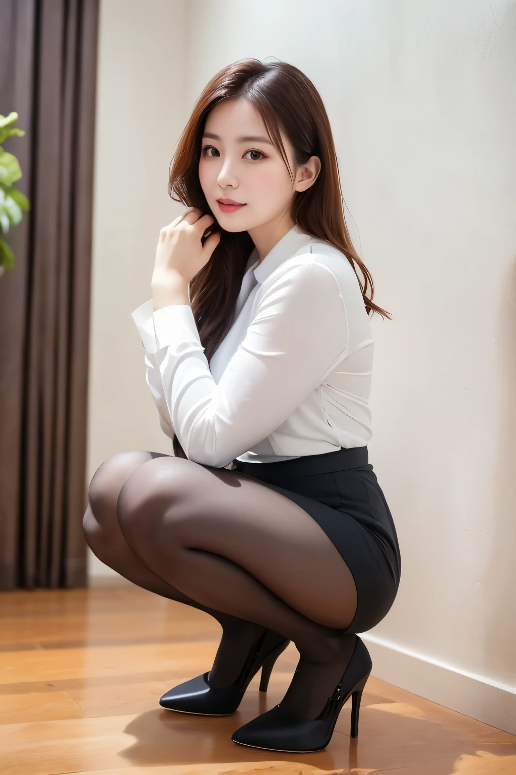 (((masterpiece))), (((highest quality: 1.4))), ((Super Detail: 1.4)) , A woman squatting in a white shirt and black skirt, ulzzang-6500-v1.1, (Raw photo:1.2), (Photorealistic), (See-through:1.3), (masterpiece), (Genuine:1.4), Realistic skin texture、Shiny skin、38 years old, 3 , 28 years old, 29-year-old, 8k)), 32 years old, Ultra-realistic pantyhose、High heels、