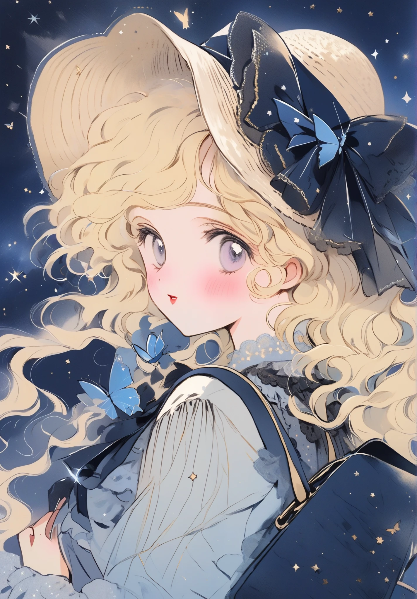 (masterpiece,best quality,ultra_detailed,highres,absurdres:1.2),1girl, _d, blonde_hair, blue_background, blue_butterfly, blue_headwear, blush, bow, breasts,butterfly, constellation, frills, grey_bow, handbag, hat, hat_ribbon, open_mouth
 