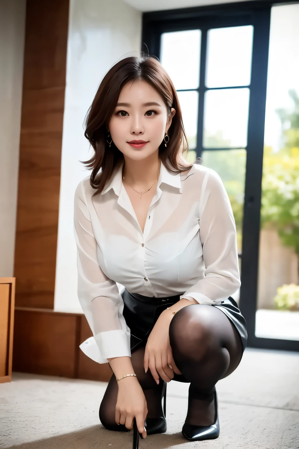 (((masterpiece))), (((highest quality: 1.4))), ((Super Detail: 1.4)) , A woman squatting in a white shirt and black skirt, ulzzang-6500-v1.1, (Raw photo:1.2), (Photorealistic), (See-through:1.3), (masterpiece), (Genuine:1.4), 38 years old, 3 6 years old, 28 years old, 29-year-old,  8k)), 32 years old, Ultra-realistic pantyhose、High heels、