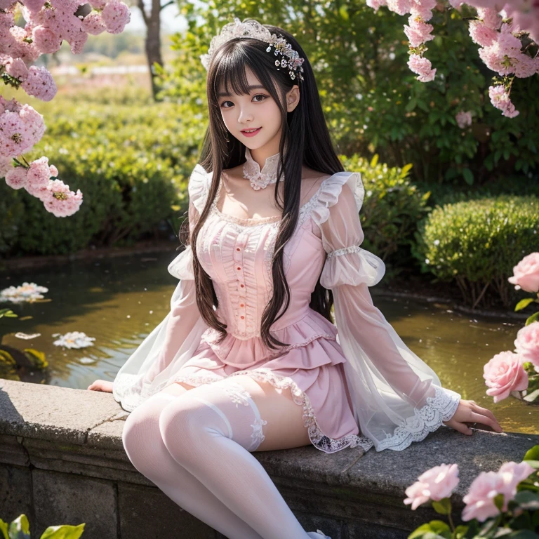 best quality, masterpiece, lifelike, 1 girl, solitary, eternal, Black Hair, Long curly hair, Bangs, Smile happily, Layered lace trim skirt, Puff sleeves, Wide sleeves, Transparent sleeves, 在flower园里, flower, Detailed background, Delicate face,pink blush,White,Knee socks, Pink shoes,cold,Lots of lace,((masterpiece))、(top quality)、8k、High Detail、Super detailed、 21 years old female,masterpiece、born、Scenes resembling fairy tale illustrations、Intricate details showcase the ruffles and intricate designs of the Lolita dress、beautiful、magic、realism、Visual effect、FXAA、SSAO、shader、voiceless、Ambient Lighting、Tone Mapping、high resolution、Ultra HD、Million pixels、(8k resolution:1.10)、8k resolution、High Detail、Intricate details、 (high quality:1.2、masterpiece:1.2、:1.21)、(21 years old female)(Surrounded by a dreamy atmosphere )Smile happily,Hair accessories are not allowed