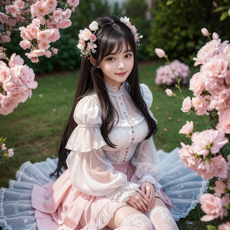 best quality, masterpiece, lifelike, 1 girl, solitary, eternal, Black Hair, Long curly hair, Bangs, Smile happily, Layered lace trim skirt, Puff sleeves, Wide sleeves, Transparent sleeves, 在flower园里, flower, Detailed background, Delicate face,pink blush,White,Knee socks, Pink shoes,cold,Lots of lace,((masterpiece))、(top quality)、8k、High Detail、Super detailed、 21 years old female,masterpiece、born、Scenes resembling fairy tale illustrations、Intricate details showcase the ruffles and intricate designs of the Lolita dress、beautiful、magic、realism、Visual effect、FXAA、SSAO、shader、voiceless、Ambient Lighting、Tone Mapping、high resolution、Ultra HD、Million pixels、(8k resolution:1.10)、8k resolution、High Detail、Intricate details、 (high quality:1.2、masterpiece:1.2、:1.21)、(21 years old female)(Surrounded by a dreamy atmosphere )Smile happily,Hair accessories are not allowed