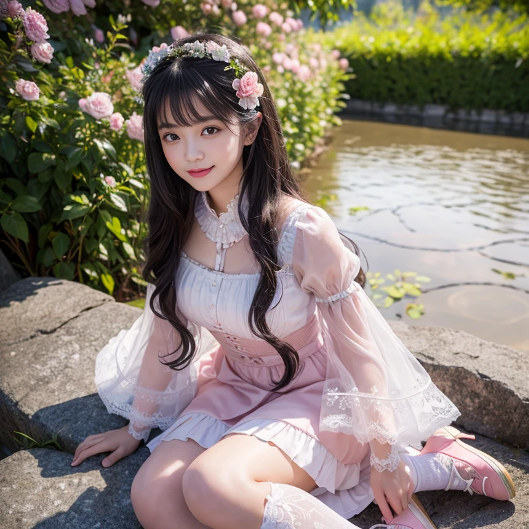 best quality, masterpiece, lifelike, 1 girl, solitary, eternal, Black Hair, Long curly hair, Bangs, Smile happily, Layered lace trim skirt, Puff sleeves, Wide sleeves, Transparent sleeves, 在flower园里, flower, Detailed background, Delicate face,pink blush,White,Knee socks, Pink shoes,cold,Lots of lace,((masterpiece))、(top quality)、8k、High Detail、Super detailed、 21 years old female,masterpiece、born、Scenes resembling fairy tale illustrations、Intricate details showcase the ruffles and intricate designs of the Lolita dress、beautiful、magic、realism、Visual effect、FXAA、SSAO、shader、voiceless、Ambient Lighting、Tone Mapping、high resolution、Ultra HD、Million pixels、(8k resolution:1.10)、8k resolution、High Detail、Intricate details、 (high quality:1.2、masterpiece:1.2、:1.21)、(21 years old female)(Surrounded by a dreamy atmosphere )Smile happily,Hair accessories are not allowed
