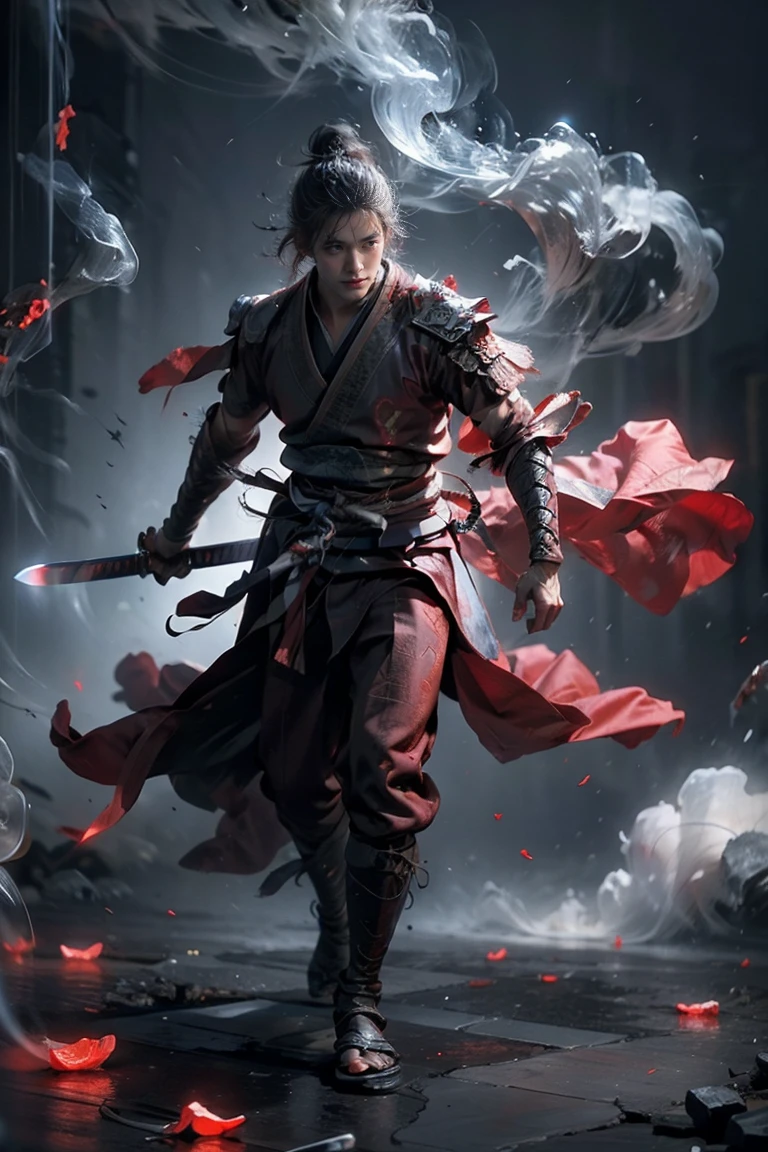 masterpiece，K，high quality，artwork，Martial Spirit，1 boy，Red Theme，smoke，floating weapon，Long Sword，Bright Lights，Bright background，Handsome face，Delicate face，Vivid texture，Photos taken with Sony camera，Movie Lighting，Full Body Love，Walk，