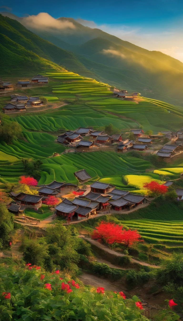 It depicts a village full of joy and vitality.,The villagers are wearing Zhuang costumes.,The village is covered with colorful flags.