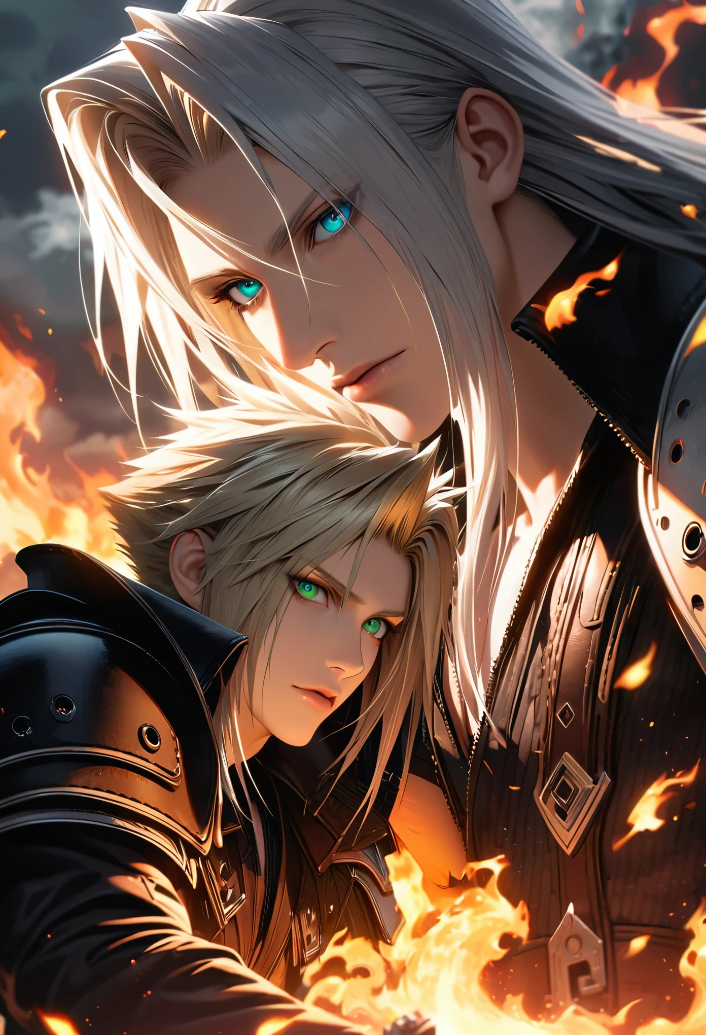 Super detailed, High resolution, Absurd, High resolution, Cloud Strife, blue eyes, Blonde, Sephiroth, Green Eyes, Silver Hair, Final Fantasy VII Remake, good looking, Two men together, Highly detailed face and eyes, Black Feather, Background is flame