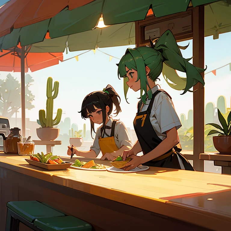 Girls cutting cactus at a taco stand Apron and ponytail Tacos on a plate on the counter