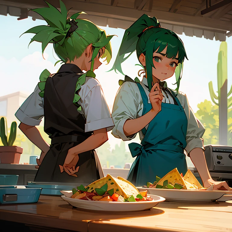 Girls cutting cactus at a taco stand Apron and ponytail Tacos on a plate on the counter