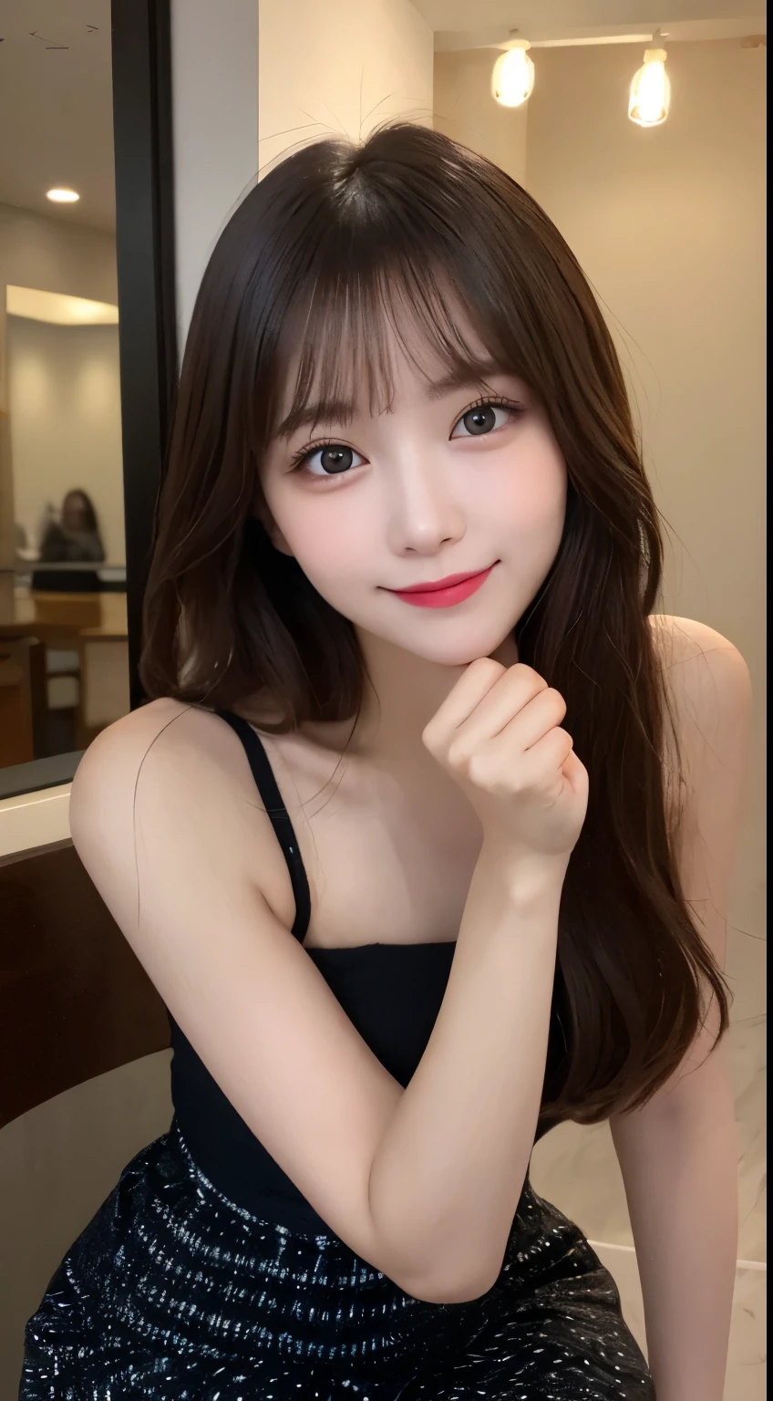 Tabletop, highest quality, shape, Very detailed, finely, High resolution, 8k wallpaper, 完璧なダイナミックな構shape, Beautiful and detailed,ランダムなcute髪,,Natural color lip, Bold sexy pose,smile、20-year-old girl、cute、Looking at the camera,Always blur the background,Perfect and beautiful face,Slim face and figure,Big eyes、Putting on gal makeup,Small face,Shooting from below、smile,Blurred Background,Elegant feminine face、Cyberpunk Fashion、Smile
