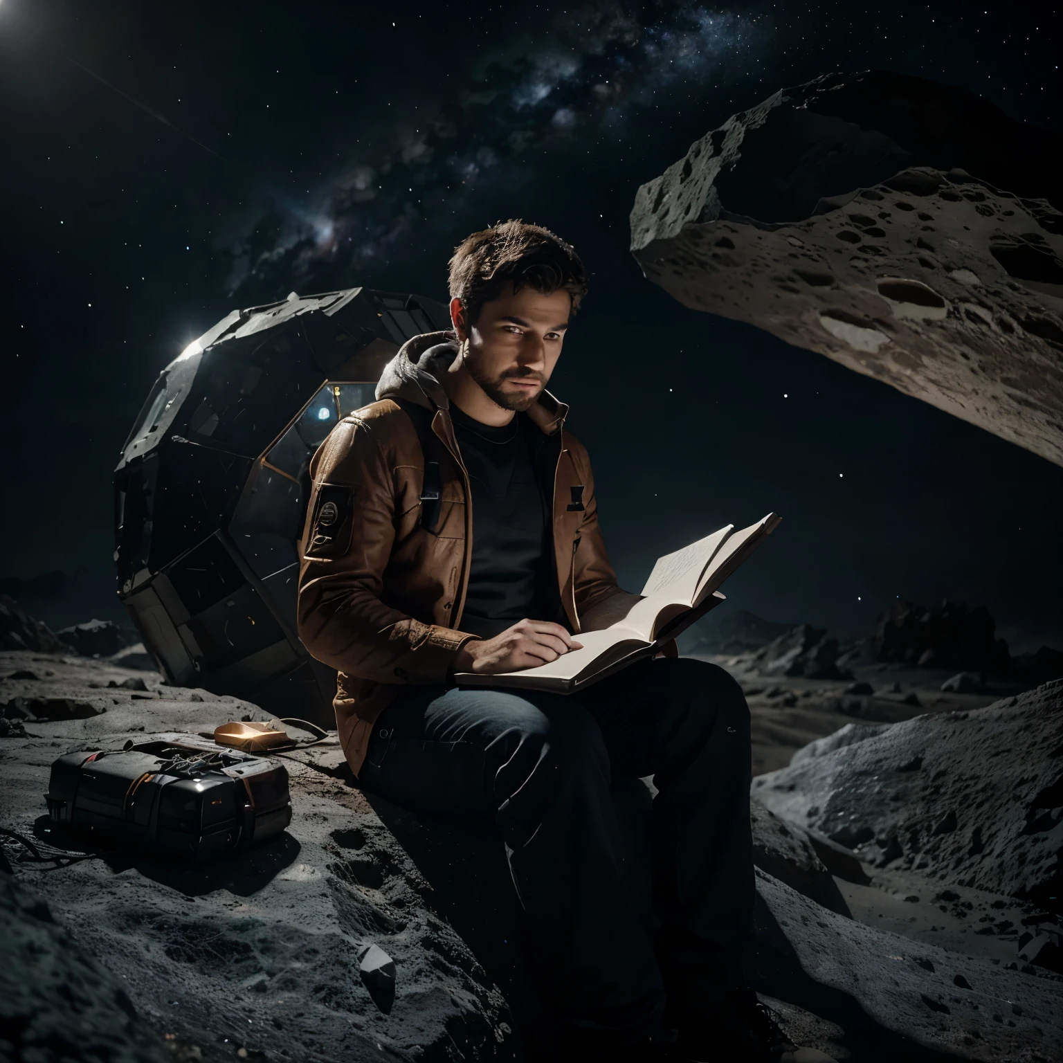 Draw a young programmer, sitting on a research platform floating in the middle of an asteroid belt. He is studying with a notebook, surrounded by several asteroids glowing with fiery auras. Dramatic lighting from distant stars and planets illuminates the scene, casting deep shadows on the suit. The young man looks confident and determined, looking at the vast and mysterious universe with wonder and respect,facial hair, cowboy shot,