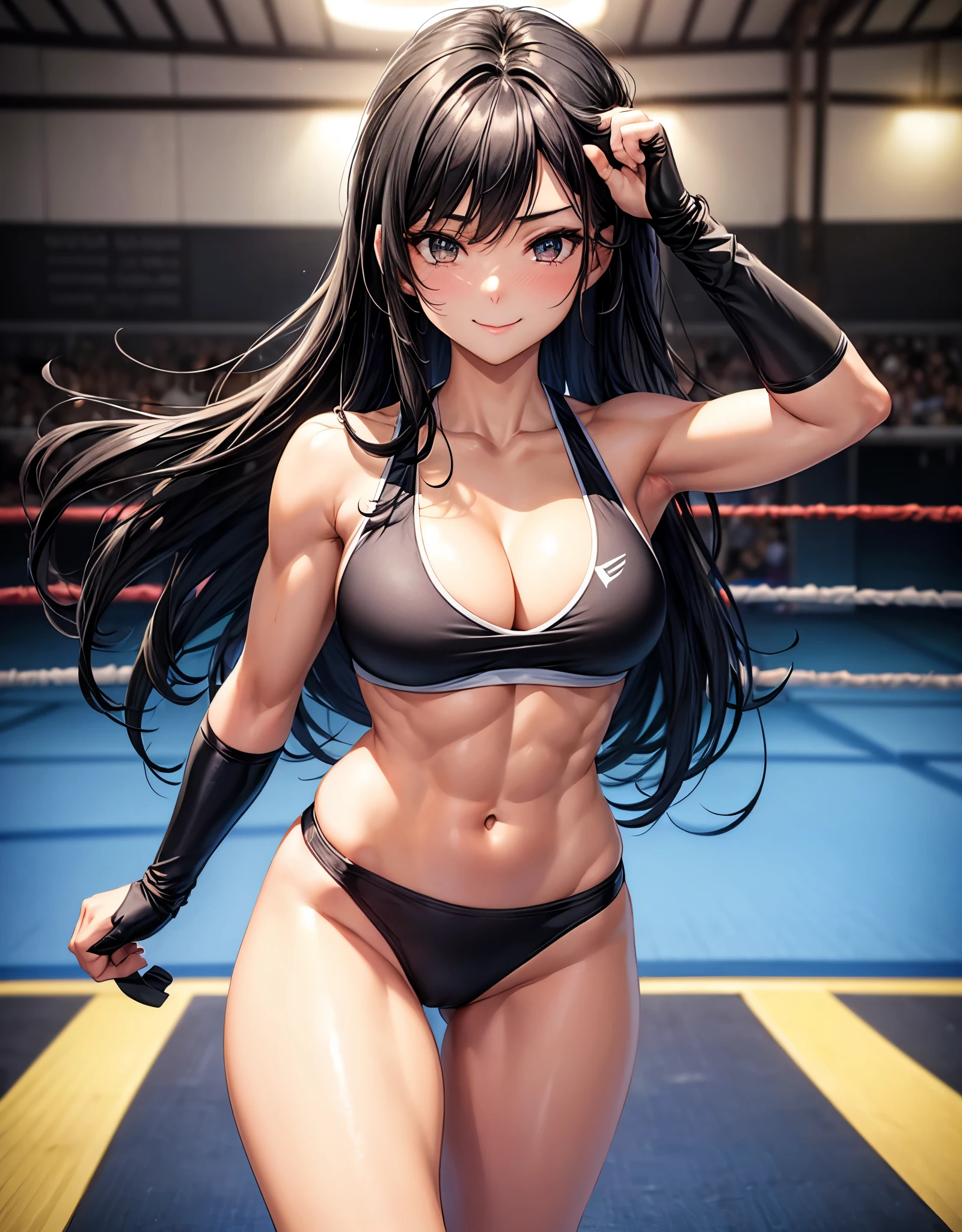 beautiful girl、Fighter、Black Hair、long hair、Big Breasts、sexy、Sexy、A gentle smile、Sports Bra、Surf bikini pants for women、Wristband、Gloves、Ring Shoes、canvaat、On the Ring、Match in the ring、indoor、Match venue、The whole body is visible、Abdominal muscleuscular、1Person-person perspective