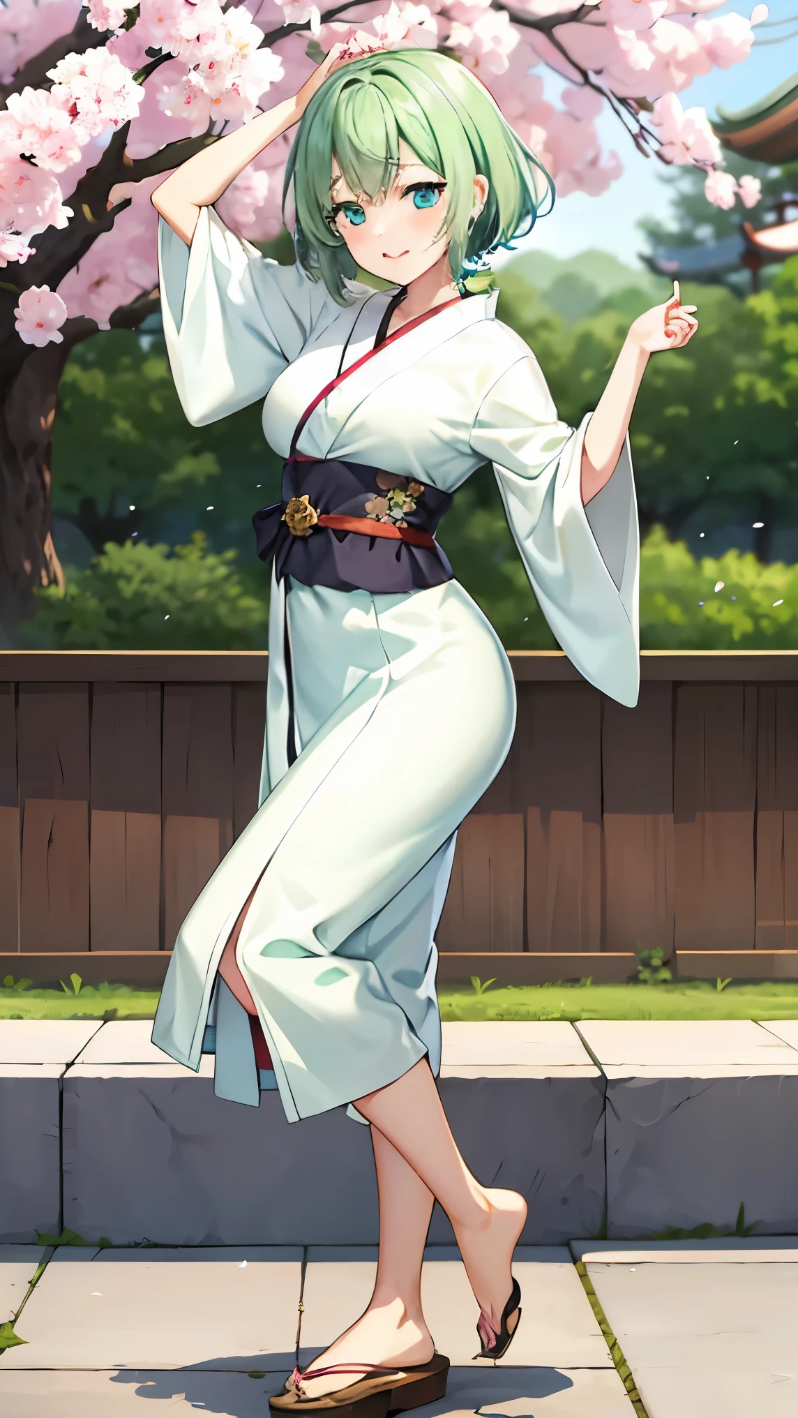 Girl with short green hair, Small breasts, Green Eyes, White Casual Beauty Special、(((tits)))Check out Dressless,Full body photo from head to toe、Kimono、Patterned Japanese clothing、Cherry tree in full bloom、Fluttering petals、Dance、Dancer、