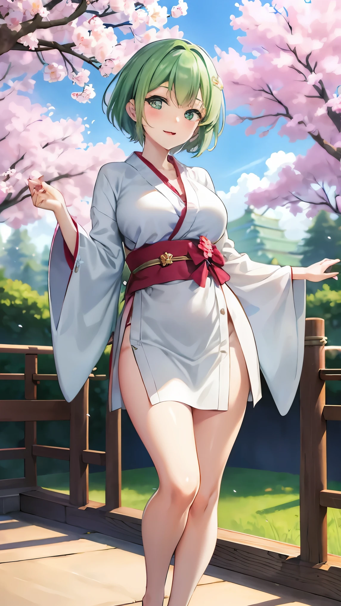 Girl with short green hair, Small breasts, Green Eyes, White Casual Beauty Special、(((tits)))Check out Dressless,Full body photo from head to toe、Kimono、Patterned Japanese clothing、Cherry tree in full bloom、Fluttering petals、Dance、Dancer、