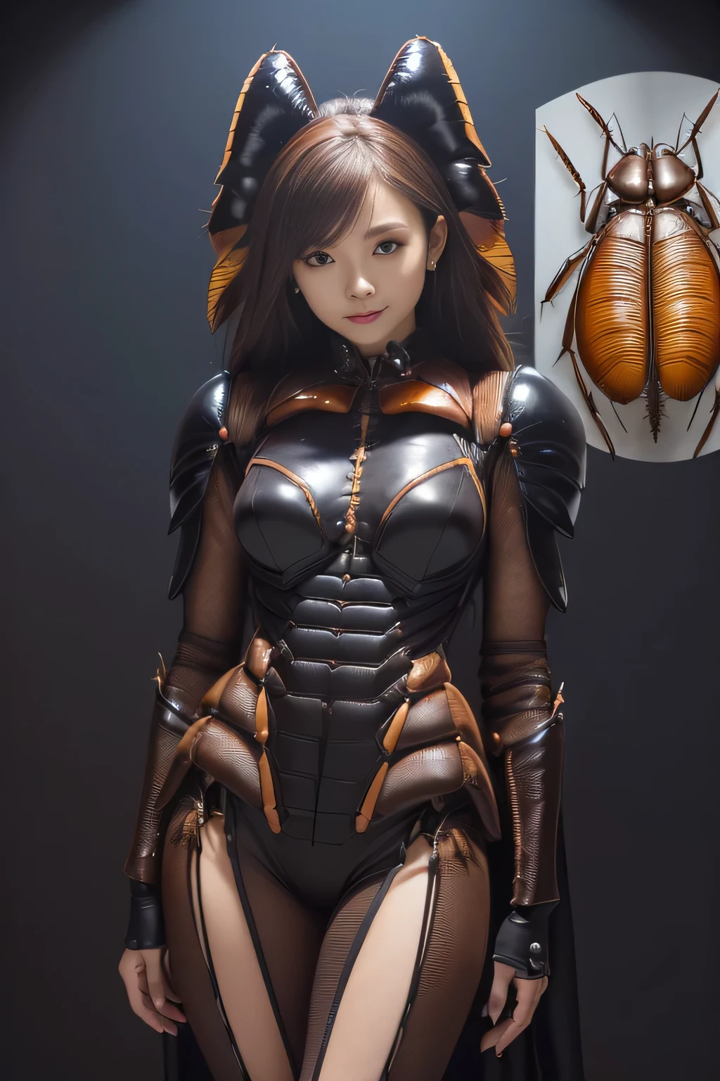 (high resolution,masterpiece,best quality,extremely detailed CG, anime, official art:1.4), realistic, photo, amazing fine details, all intricate, gloss and shiny,awesome many layers, 8k wall paper, 3d, sketch, kawaii, illustration,( solo:1.4), perfect female proportion,villainess, (fusion of dark brown cockroach and lady:1.4), (brown cockroach form lady:1.2), (brown cockroach lady:1.2), (fusion:1.2), (solo:1.4), (evil smile:1.2), muscular, abs, (cockroach brown exoskeleton bio insect suit:1.4), (cockroach brown exoskeleton bio insect armor:1.2), (brown transparency cockroach wing:1.4), (brown cockroach antennae:1.3),