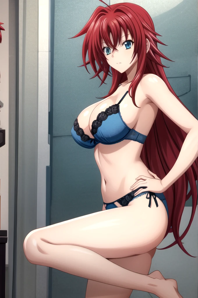 not_DXD_Rias, 1 Girl, Rias gremory, Long hair, Solitary, Ahog, Red hair, , breast, Hair between the eyes, very Long hair, large breast, Green Eyes,, permanent, bow, Shut up, Bangs, blue eyes, huge Ahog, Side lock,blue underwear,blue lace, blue bra, blue underwear, blue lingerie