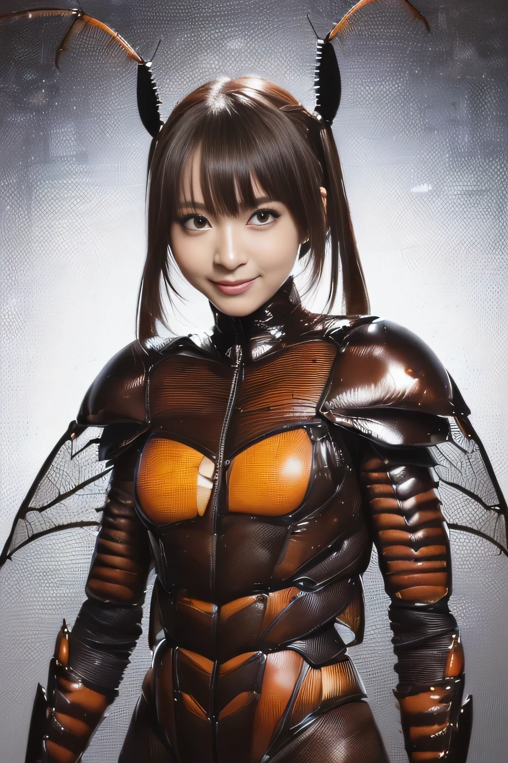 (high resolution,masterpiece,best quality,extremely detailed CG, anime, official art:1.4), realistic, photo, amazing fine details, all intricate, gloss and shiny,awesome many layers, 8k wall paper, 3d, sketch, kawaii, illustration,( solo:1.4), perfect female proportion,villainess, (fusion of dark brown cockroach and lady:1.4), (brown cockroach form lady:1.2), (brown cockroach lady:1.2), (fusion:1.2), (solo:1.4), (evil smile:1.2), muscular, abs, (cockroach brown exoskeleton bio insect suit:1.4), (cockroach brown exoskeleton bio insect armor:1.2), (brown transparency cockroach wing:1.4), (brown cockroach antennae:1.3),