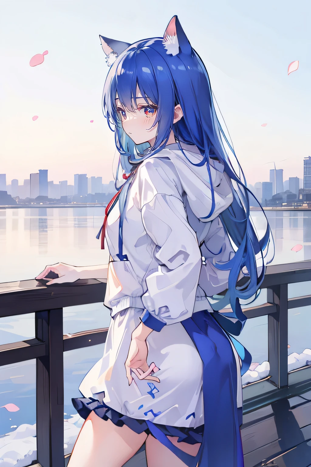 (best quality,4k,8k,highres,masterpiece:1.2),ultra-detailed,(realistic,photorealistic,photo-realistic:1.37), expressive eyes, fair skin, perfect face shape, 1 girl, Japanese comics, gorgeous blue hair, flowing blue hair, flowing clothes, cat ears, falling petals, beautiful lola, baby angel, shaking head with one hand, cross your legs, gentle and peaceful background, cool and comfortable pavilion, smile, wearing hoodie, background of Tokyo, back views, snowing, winter, hand on mouth.