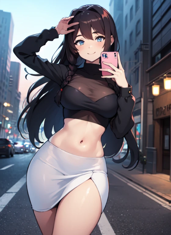 anime, 28 year old woman, taking a selfie, mischievous smile, long hair, dark hair color, stylish hairstyle, side hair long lush hair, long curls of hair pulled to the sides, Braids within the hair, curvy body, proportional body, sexy girl, beautiful mature girl, lovable character, crop top, short skirt, clarity, detailed, detailed face, very detailed drawing, smile, flirty look, city background,  saturated background, perfect composition, soft natural volumetric cinematic perfect light, masterpiece