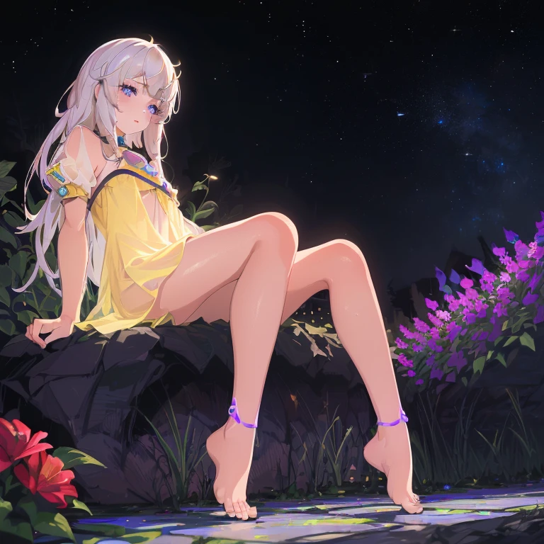 (best quality,4K,8k,high resolution,masterpiece:1.2),Ultra Detailed,(actual,photoactual,photo-actual:1.37),illustration,Soft Light,White hair girl,Deep purple eyes,Glowing eyes,sit down,barefoot,blush,Garden at night,Flowers.