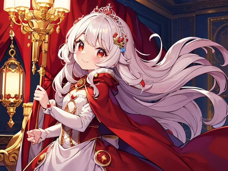 (kawaii),(best quality),(ultra detailed), upper body,(rococo style),(long train red cape:1.15), very long cape,(long train white ball gown with flower decorations), a girl is wearing a cape over her gown, 1 little princess, tiara , smile, very long hair, small breasts