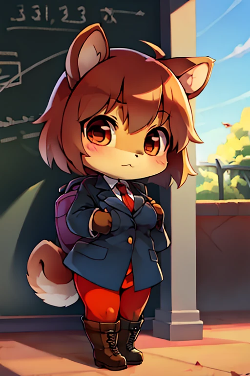 boy, squirrel and rabbit and cat, furry, bodyfur, blazer, bottomless, color tights, gloves, boots, school, school bag, chibi