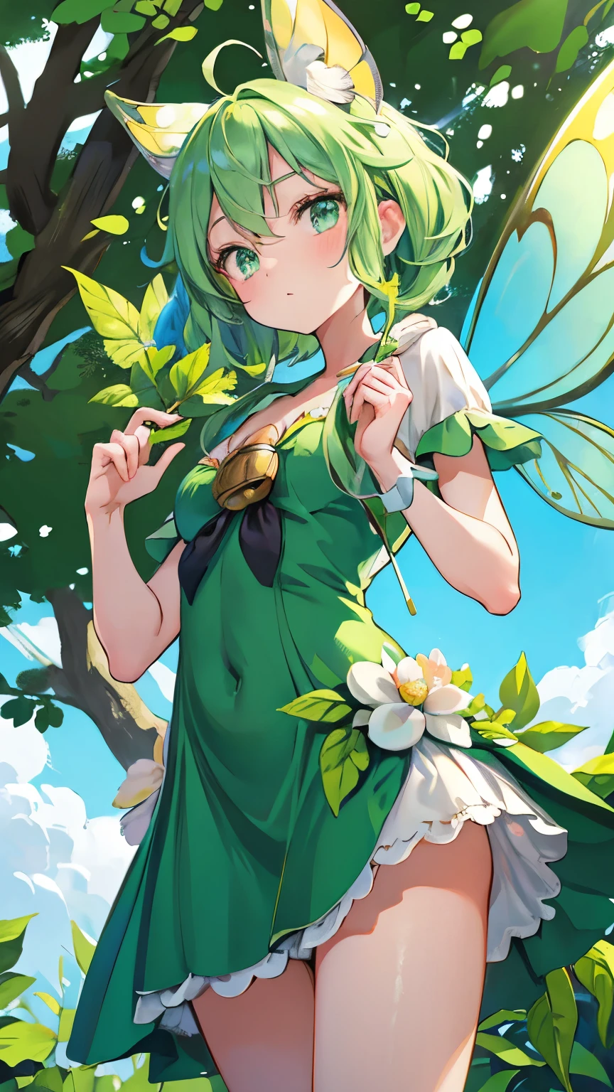 green hair, bell, Pop art, drop shadow, from below, super detail, high details, highres, Fairy, Tinker Bell, thin wings, in the forest, flying in the sky, pastel colors, pastel art